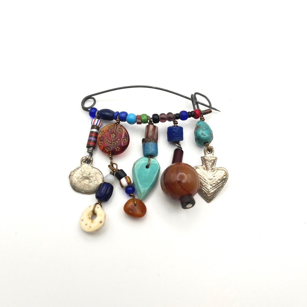 Vintage Fetish Brooch Mixed Media Charm Safety‎ Pin Glass Bead Celestial Heart